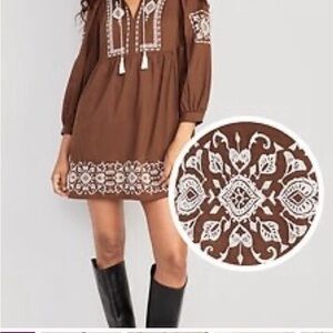 Old Navy Brown Long Sleeve Dress with White Embroidery